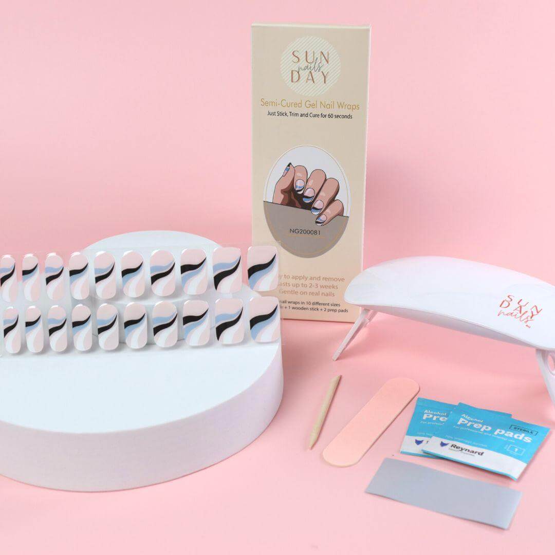 Blue French Swirls Semi Cured Gel Nail Sticker Kit - Sunday Nails AU - Semi Cured Gel Nails