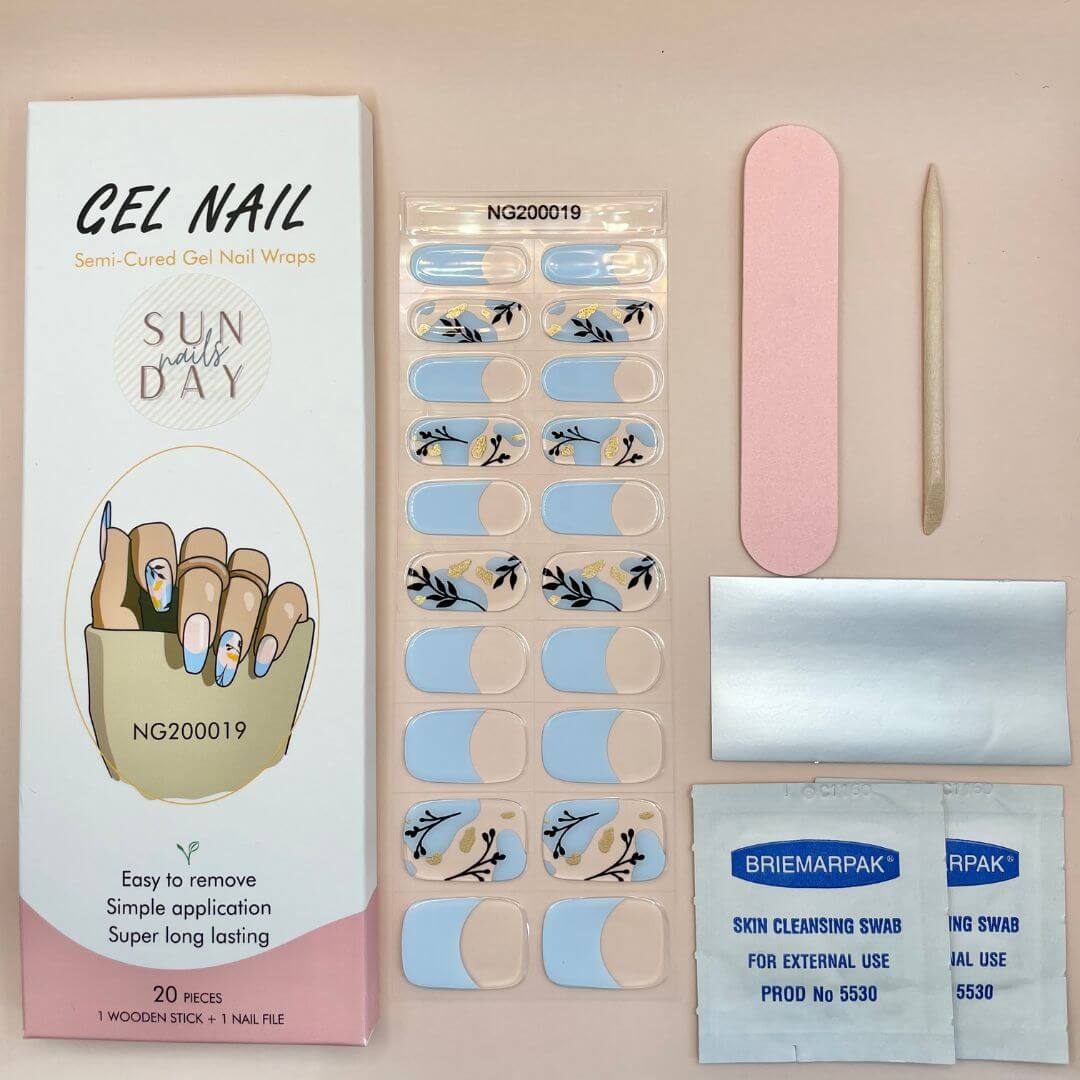 Blue Blossoms Semi Cured Gel Nail Sticker Kit - Sunday Nails AU - Semi Cured Gel Nails