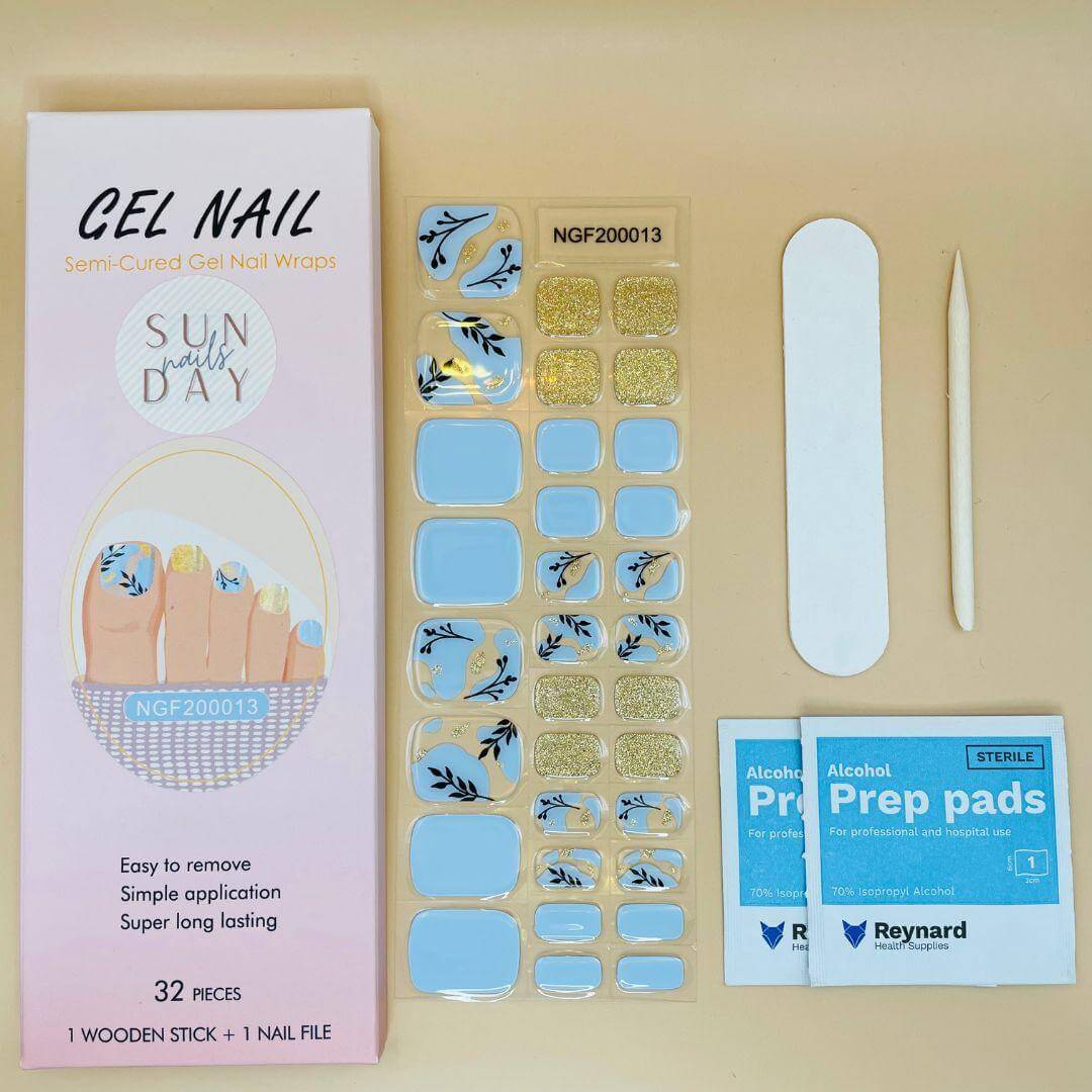 (PEDI) Blue Blossoms Semi Cured Gel Nails Kit - Sunday Nails AU - Semi Cured Gel Nails