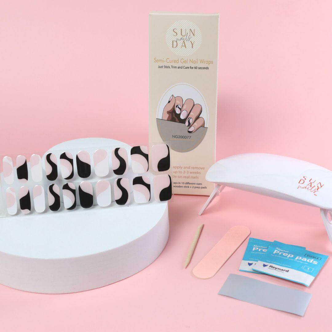 Black and White Swirls Semi Cured Gel Nail Sticker Kit - Sunday Nails AU - Semi Cured Gel Nails