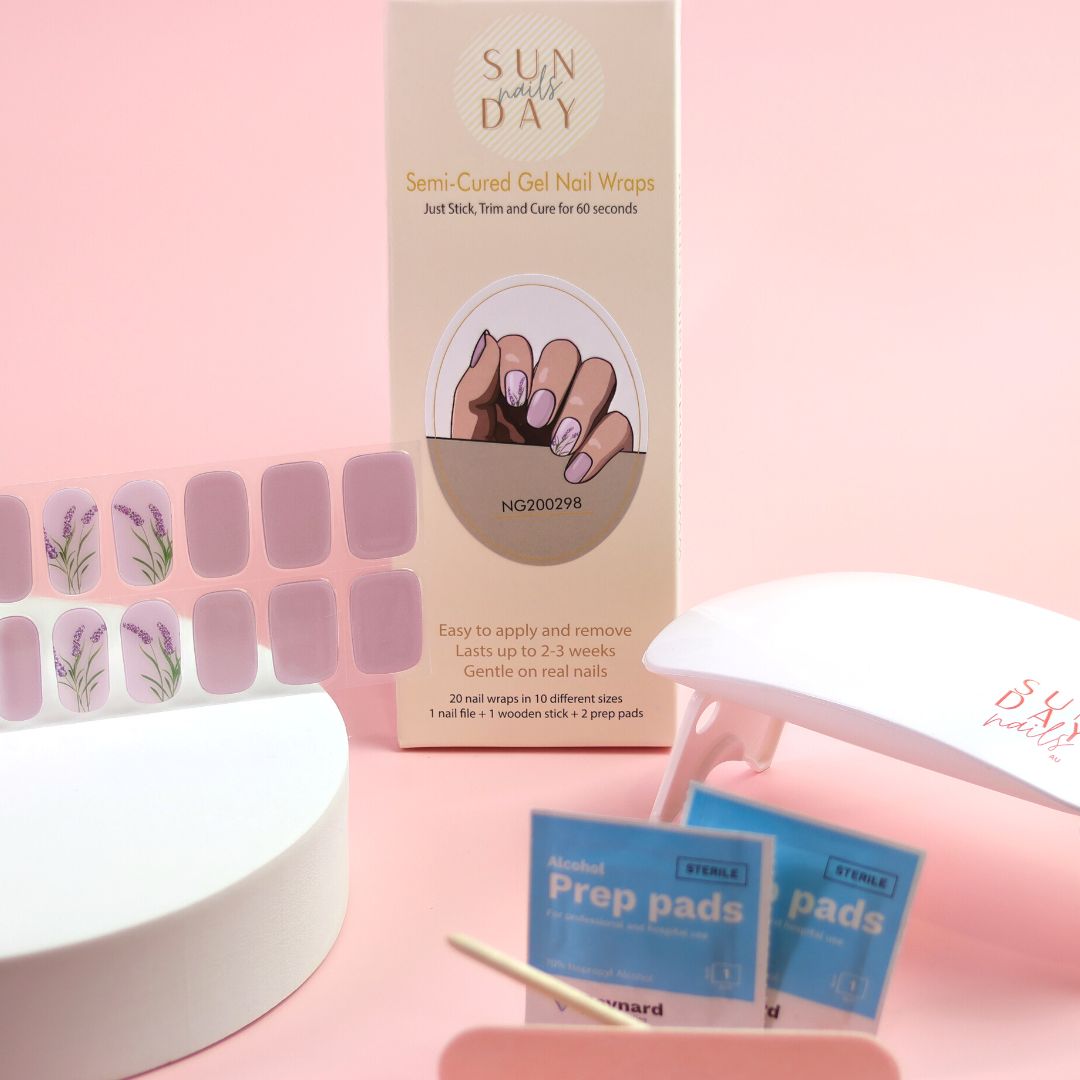 Lavender Blossoms Semi Cured Gel Nail Sticker Kit | Sunday Nails AU